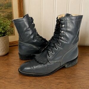 Vintage Acme Gray Leather Kiltie Lace Up Western Boots Womens 7.5 M USA
